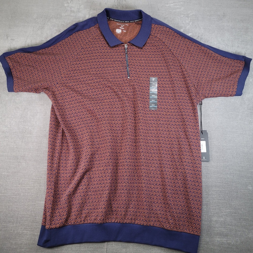 Shaquille Oneal Mens 2XLT Red Blue Geometric Print Short Sleeve Zip‎ Polo Shirt